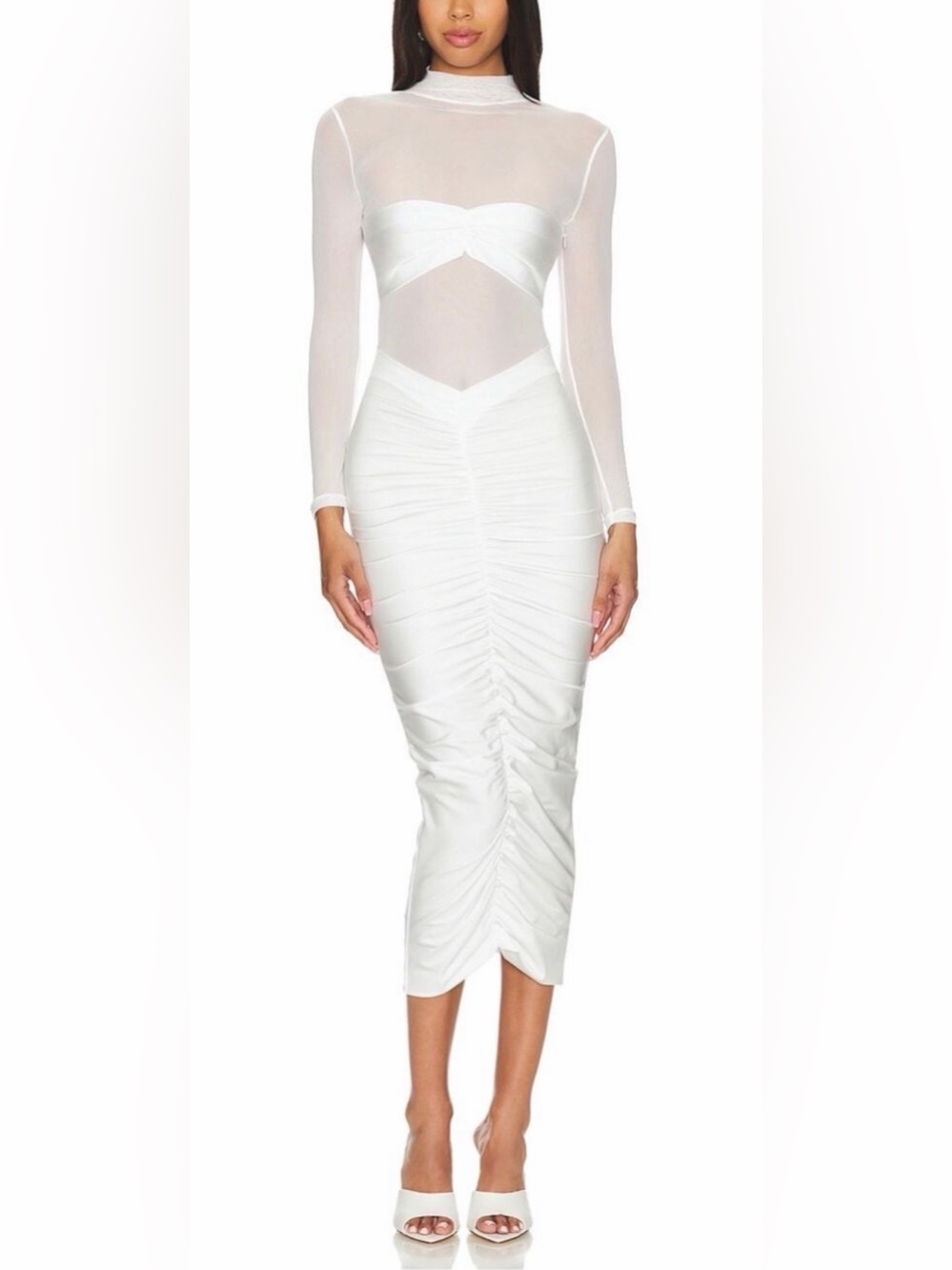 Seroya Levina Midi Dress White Mockneck Sheer Mesh Paneling New size XS